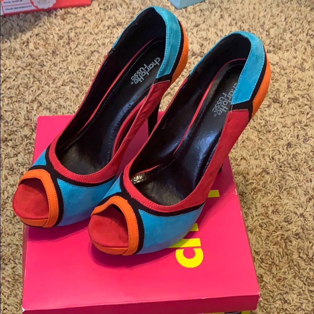 Multi color suede peep toe heels